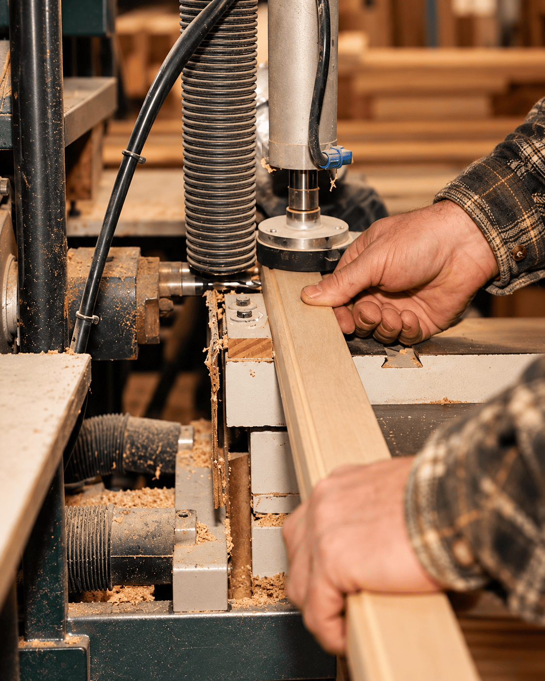 Craftsman shaping a natural wood shutter component in the workshop