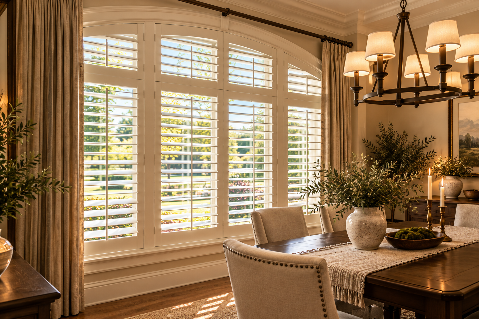 Custom wood plantation shutters designed for an arched feature window