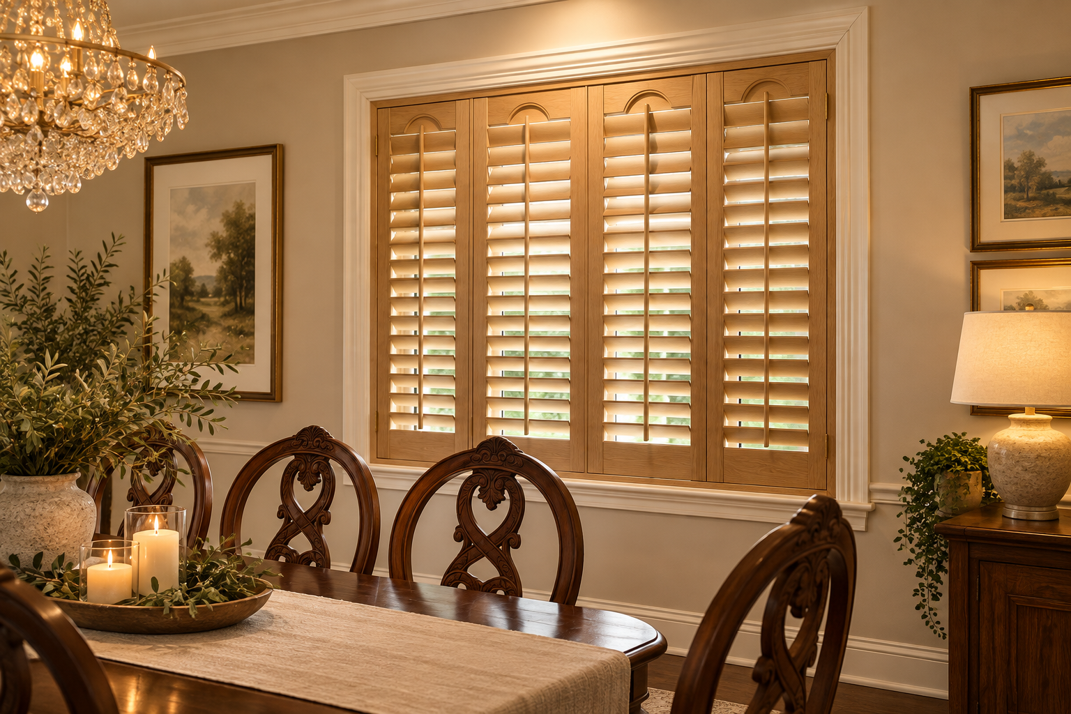 Custom plantation shutters with decorative arched detailing in a dining room