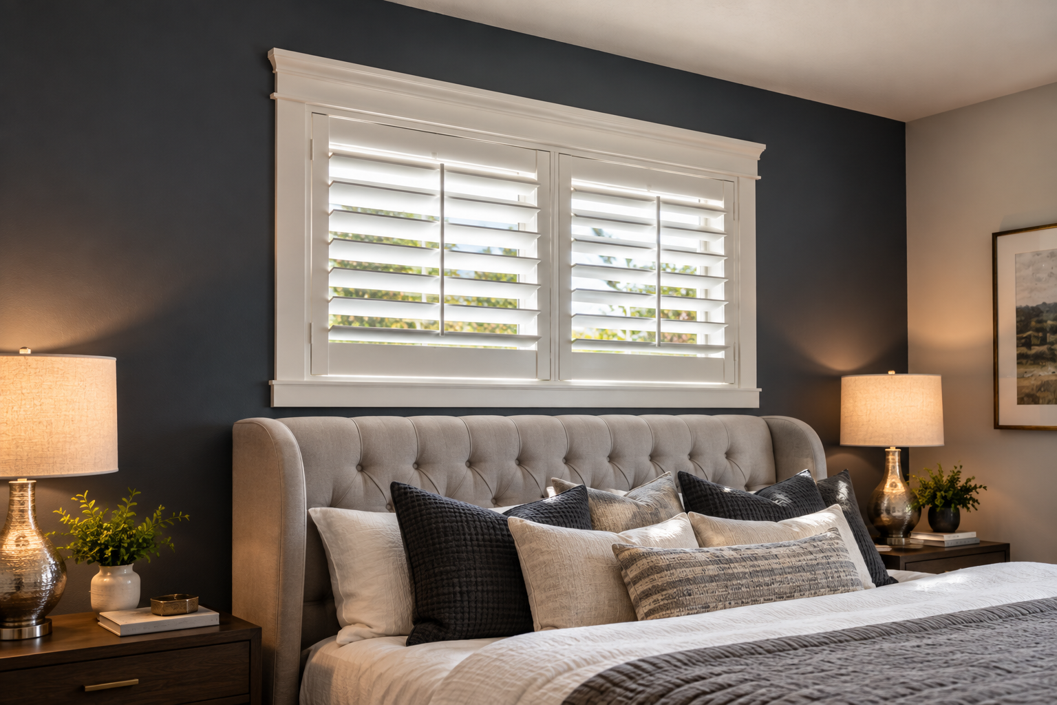 White plantation shutters providing privacy and natural light Portland Oregon and Vancouver Washington