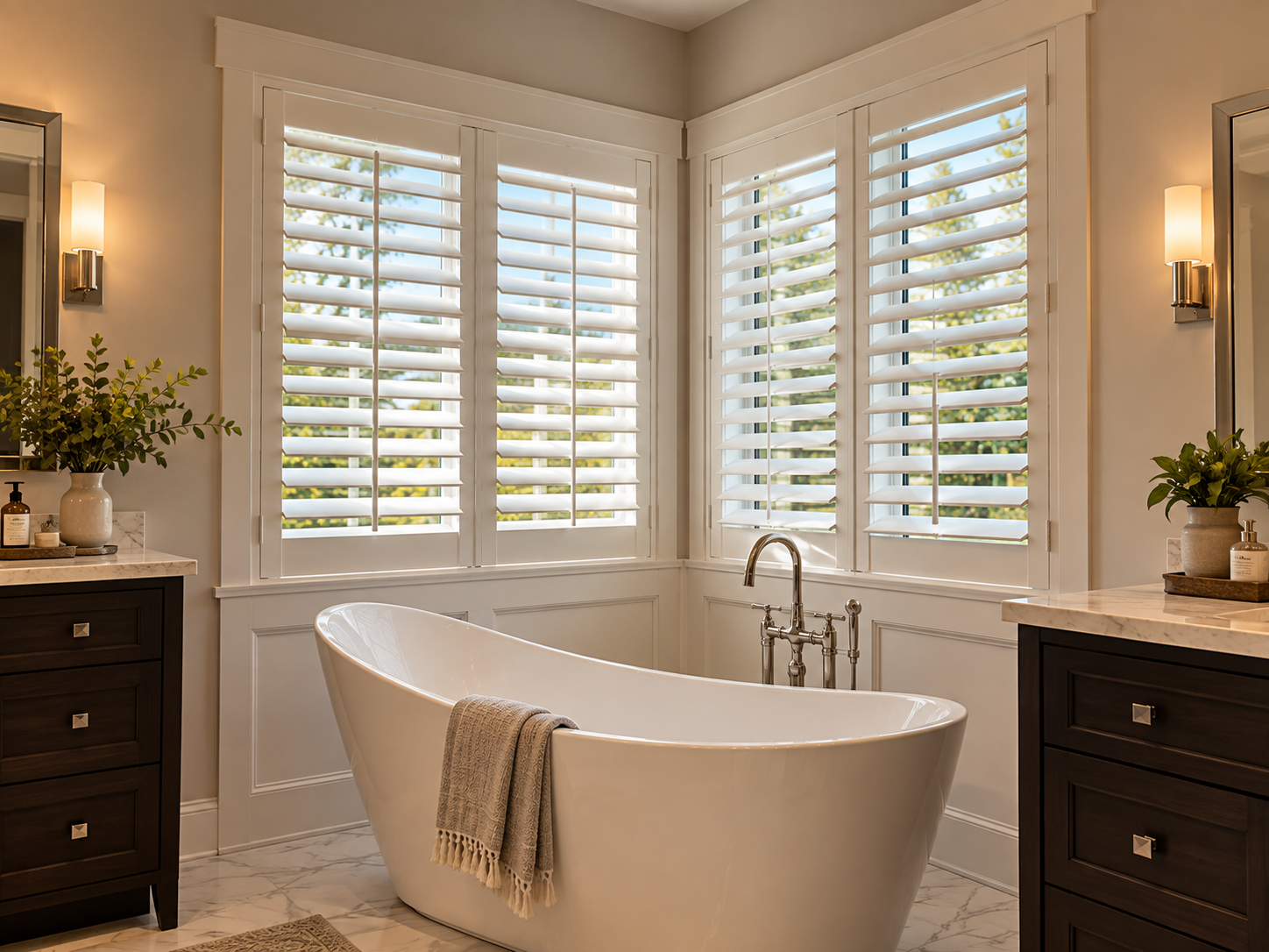 White plantation shutters above a freestanding bathroom tub