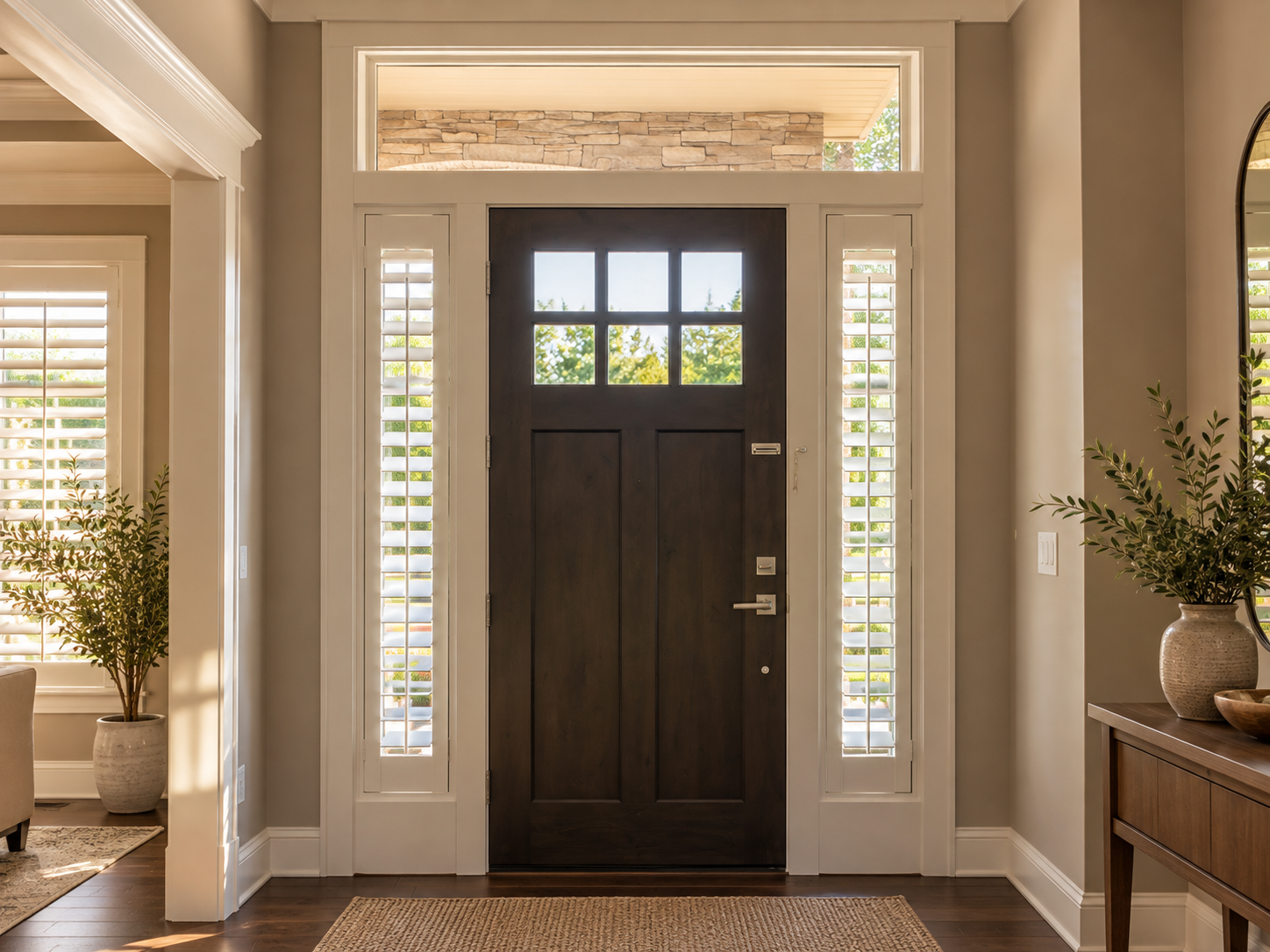 Custom plantation shutters installed on narrow front door sidelights