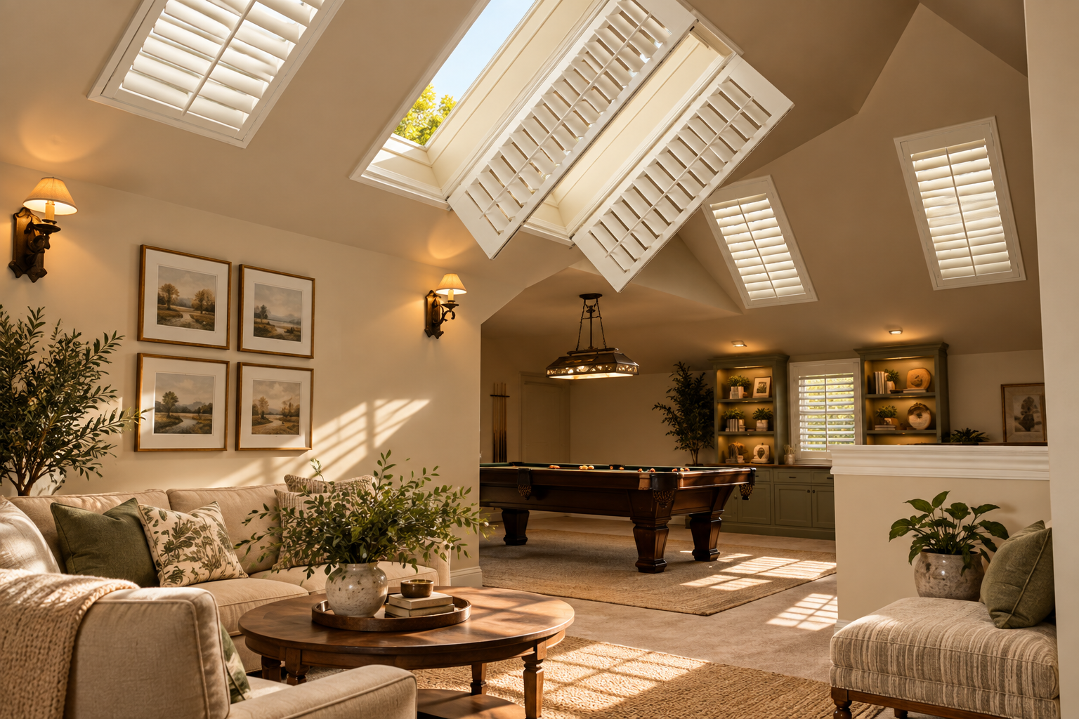 Custom white plantation shutters fitted to angled skylight windows