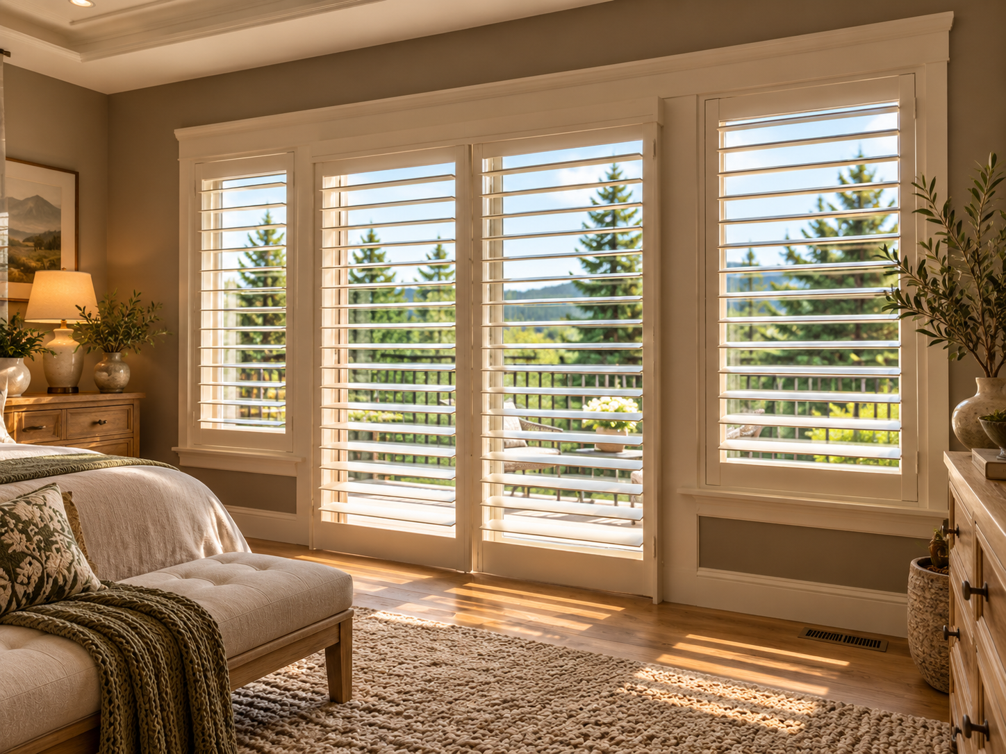 White plantation shutters on tall bedroom windows
