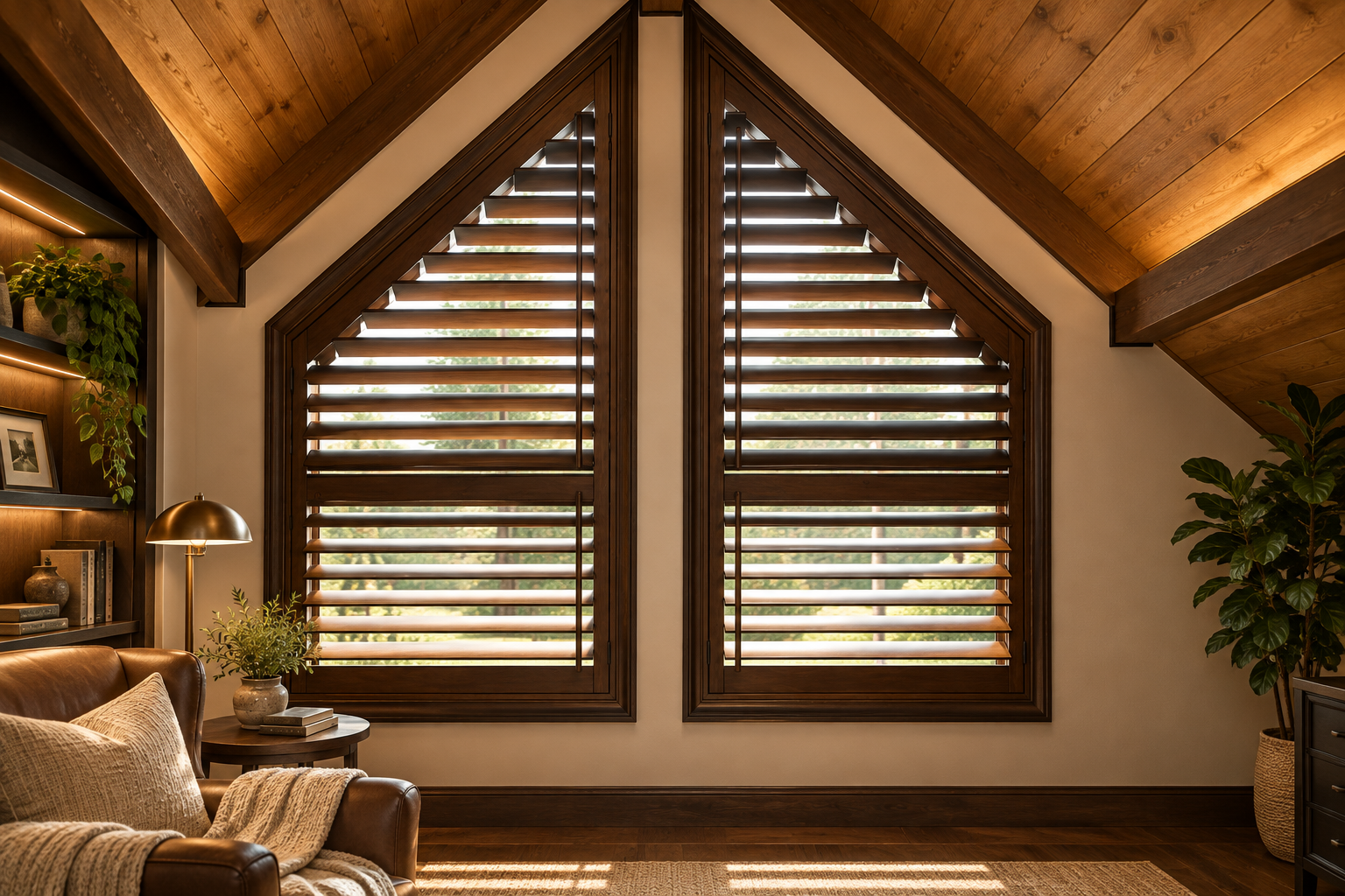 Custom wood plantation shutters fitted precisely to triangular windows