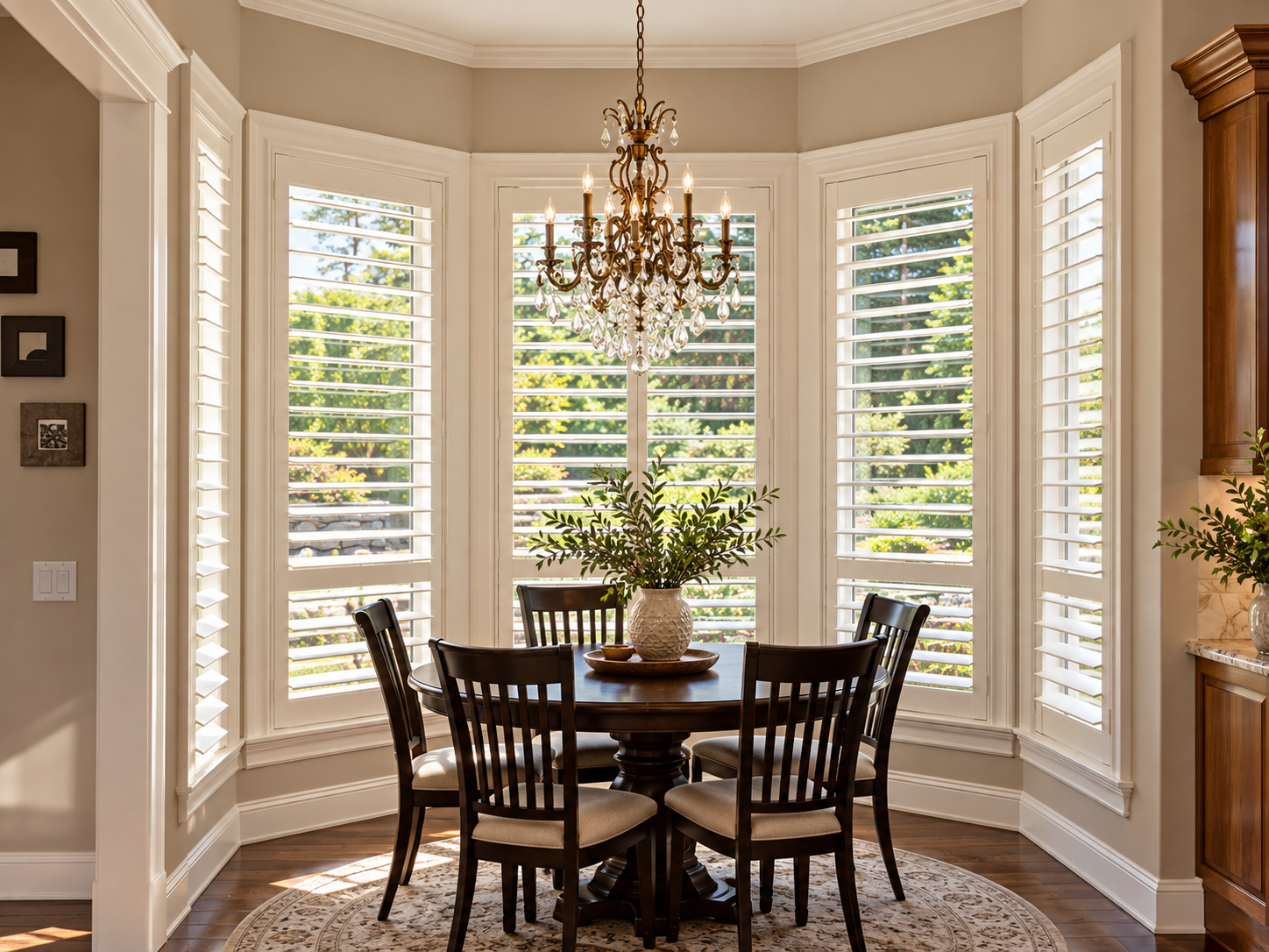 White wood plantation shutters on tall dining room windows