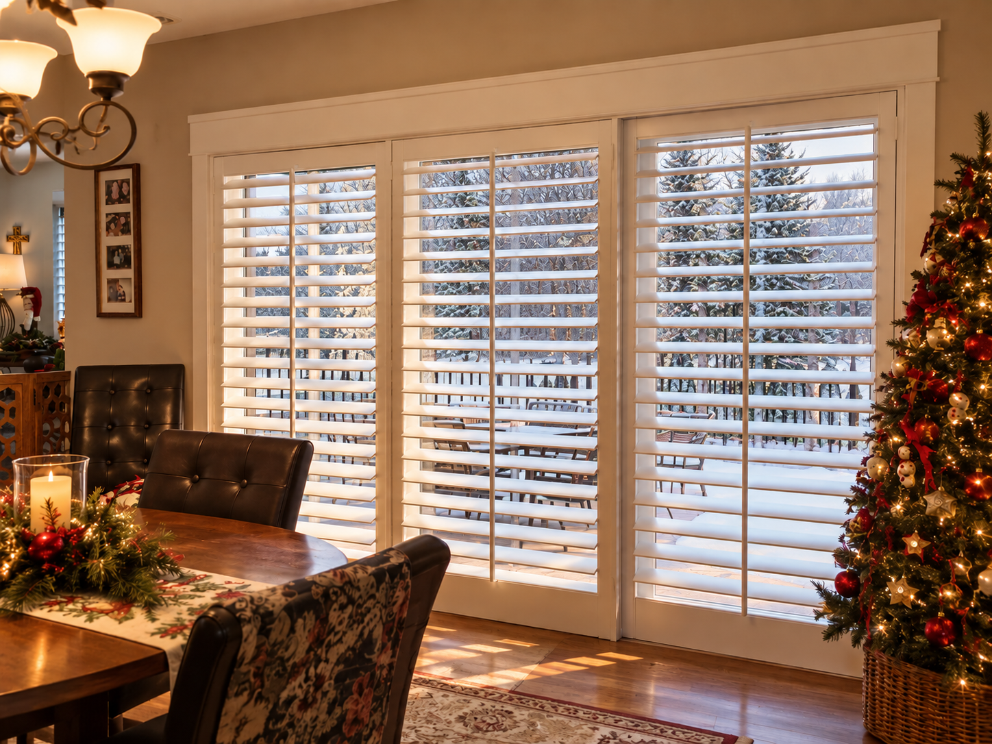 Custom plantation shutters covering a wide sliding glass door