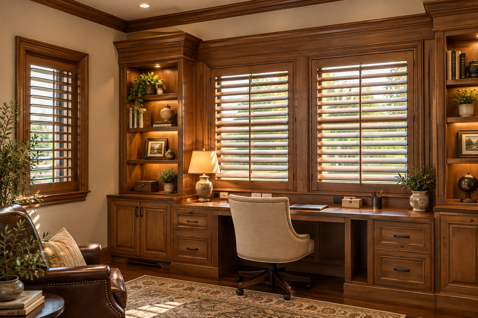 Custom wood plantation shutters integrated into a traditional home office